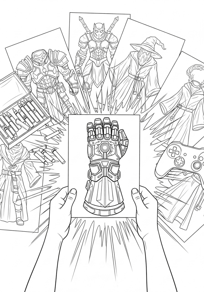 Child's hands holding up a power gauntlet coloring page amid scattered crayons and other gaming-themed pages.