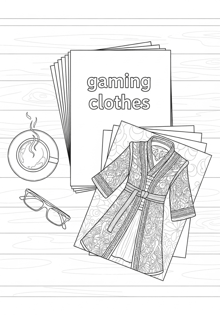 A peaceful flat lay of gaming clothes coloring pages stacked neatly with a teacup and glasses.