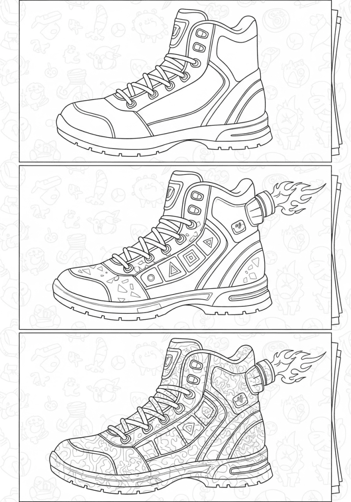A three-panel sketch showing a gaming boot progressing from outline to detailed flame design.