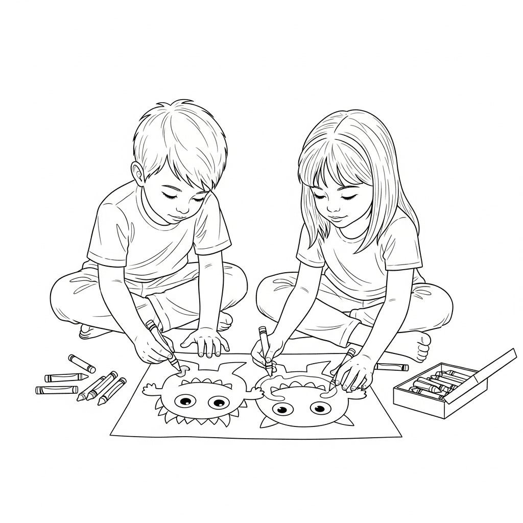 A boy and a girl coloring a friendly monster design on the floor.