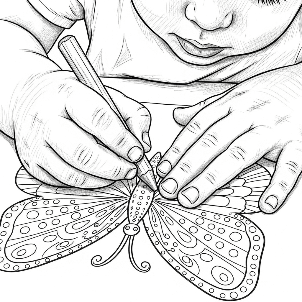 Close-up of a child's hands coloring a detailed butterfly with a crayon.