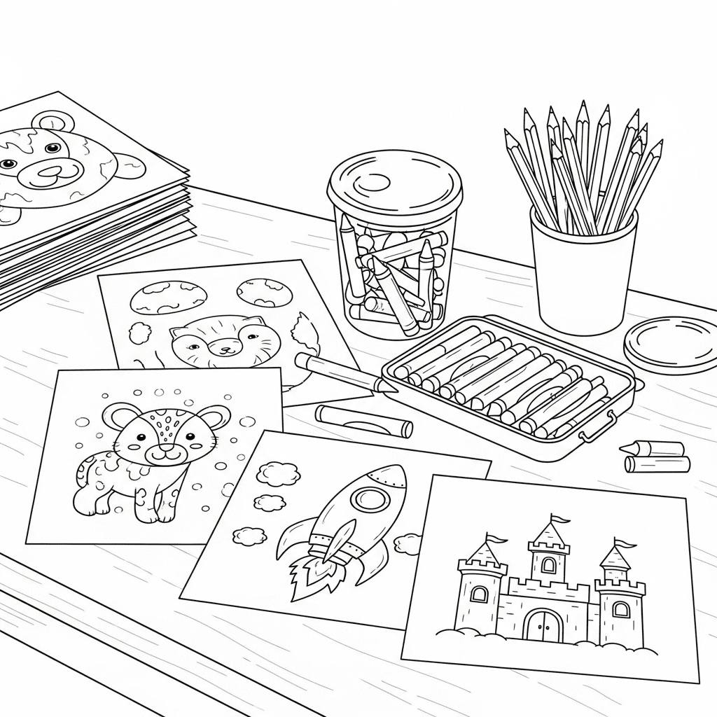 A table with printable coloring pages, crayons, and colored pencils ready for use.