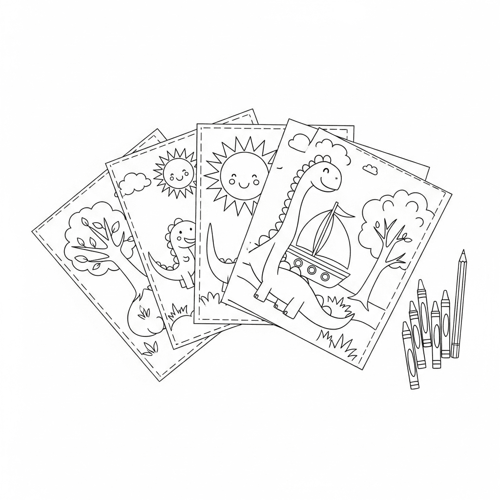 A flat-lay of printable coloring pages featuring sun, dinosaur, sailboat, and tree designs with crayons.