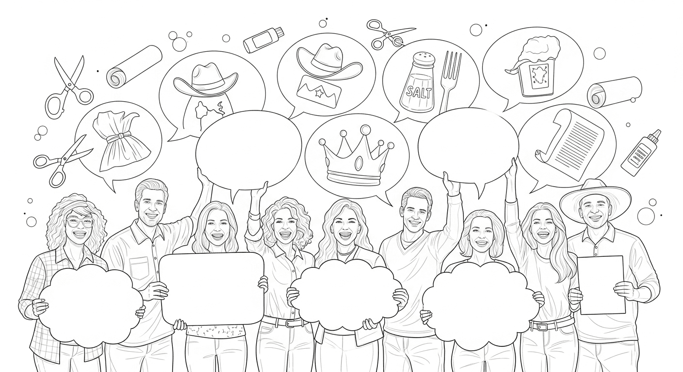 A black-and-white line drawing of diverse parents and teachers brainstorming couple costume ideas with speech bubbles.