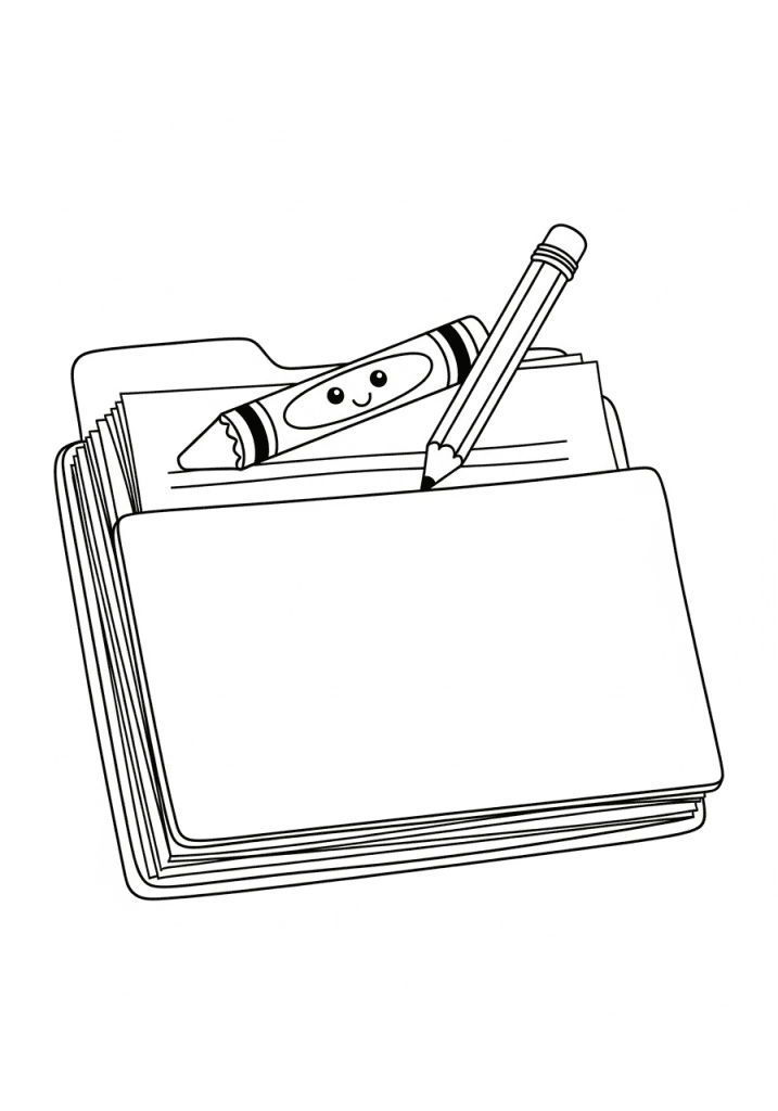A closed folder with a crayon and pencil on top, ready for coloring fun.