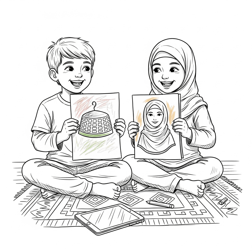 Boy and girl sharing their finished Islamic dress coloring pages.