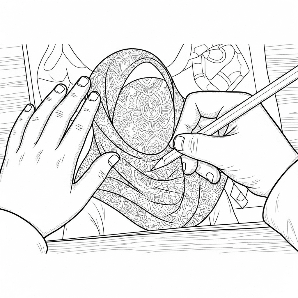 Close-up of a child's hands coloring a detailed hijab page.
