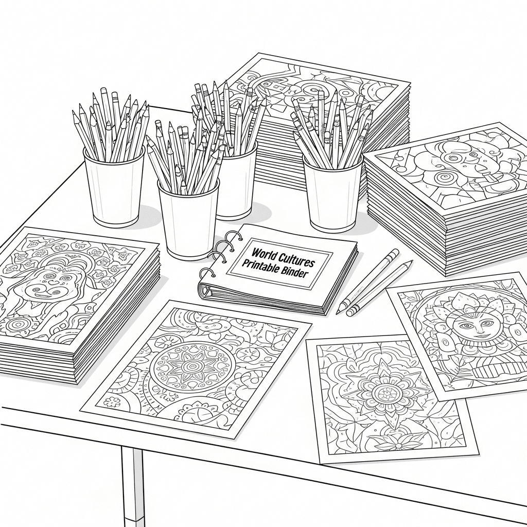 A well-organized activity table with Islamic coloring sheets and supplies.