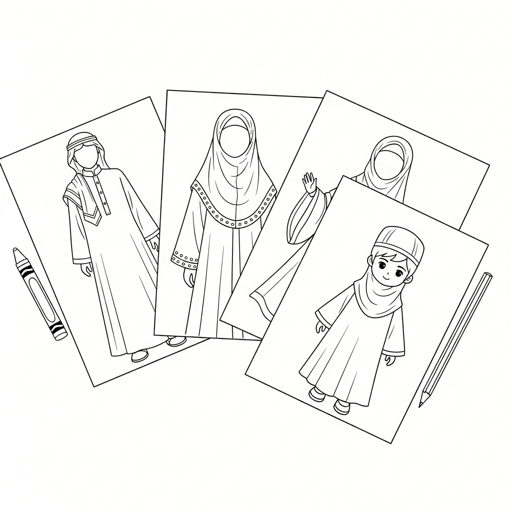 A flat-lay preview of several Islamic dress printable coloring pages.