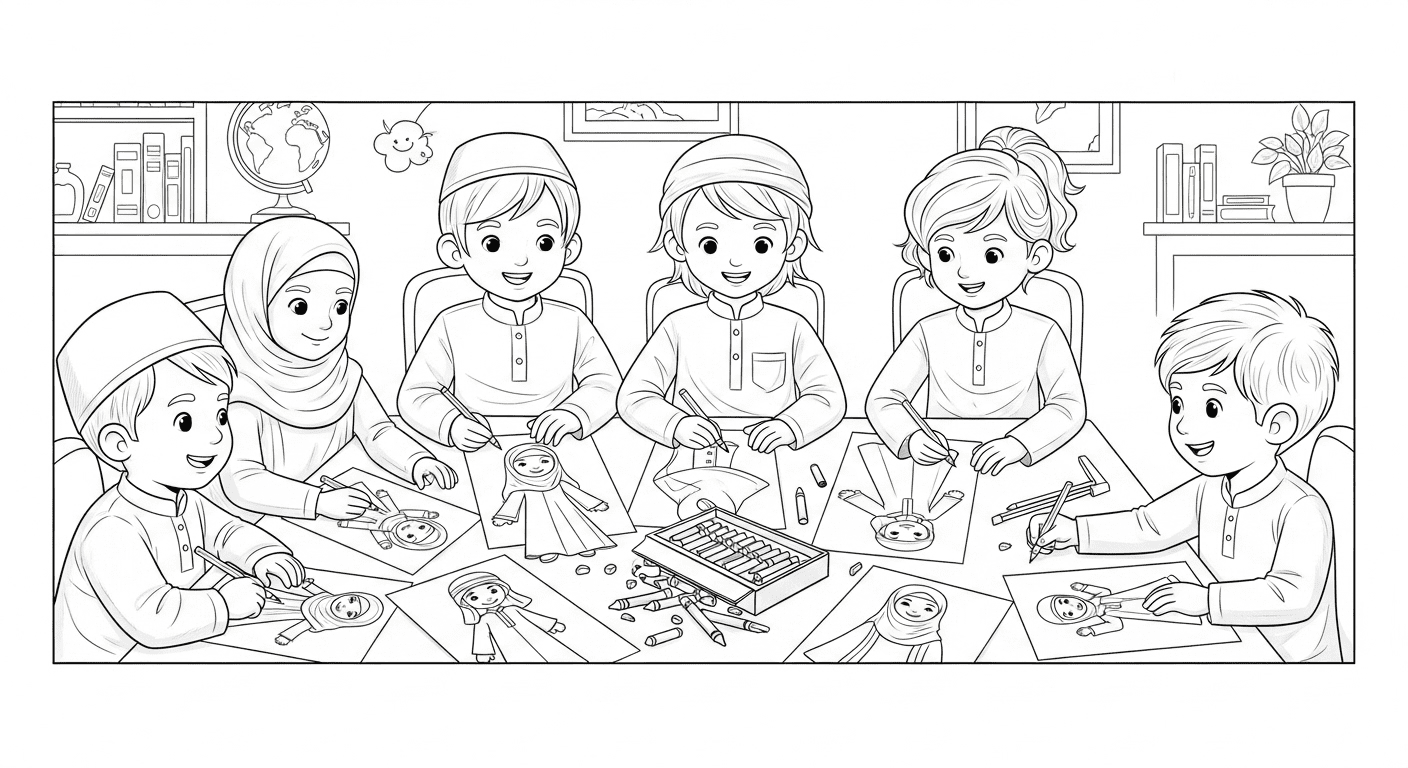 Children coloring Islamic dress pages together at a table.