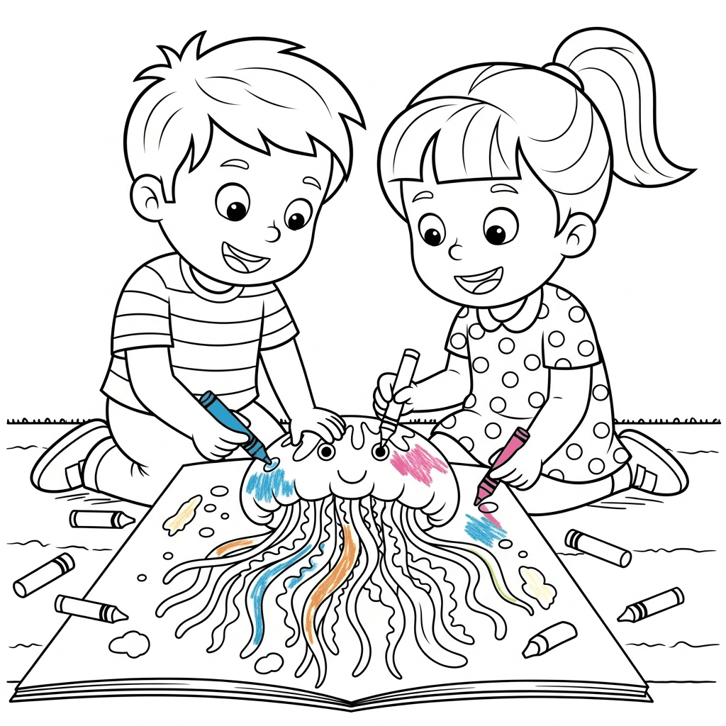 Line art of two children smiling as they color a large jellyfish coloring page.