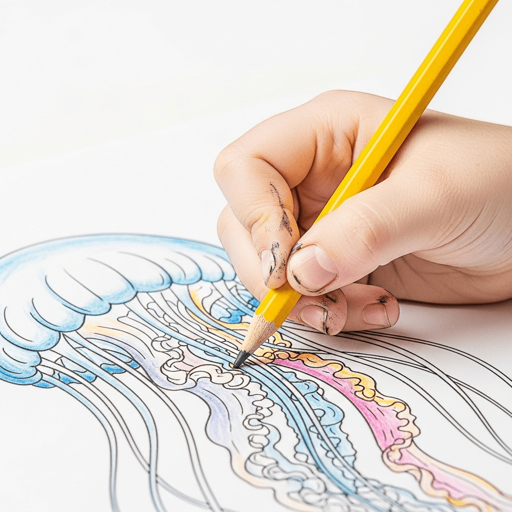 Close-up sketch of a child's hand carefully coloring a jellyfish tentacle with a pencil.