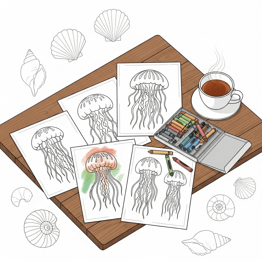 Minimalist top-view sketch of a cozy table with coloring pages, crayons, and a cup of tea.