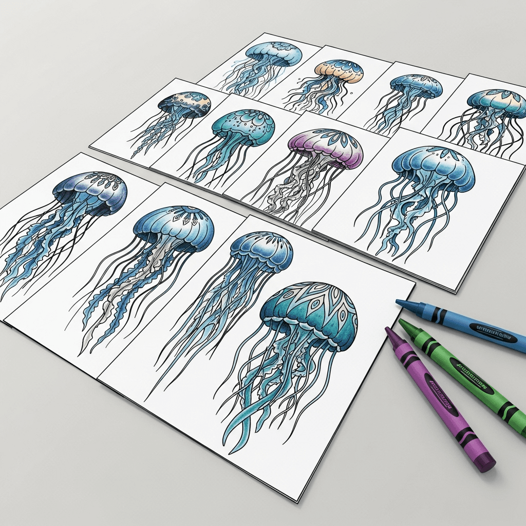Top-down angled sketch of several jellyfish tattoo coloring pages fanned out next to crayons.