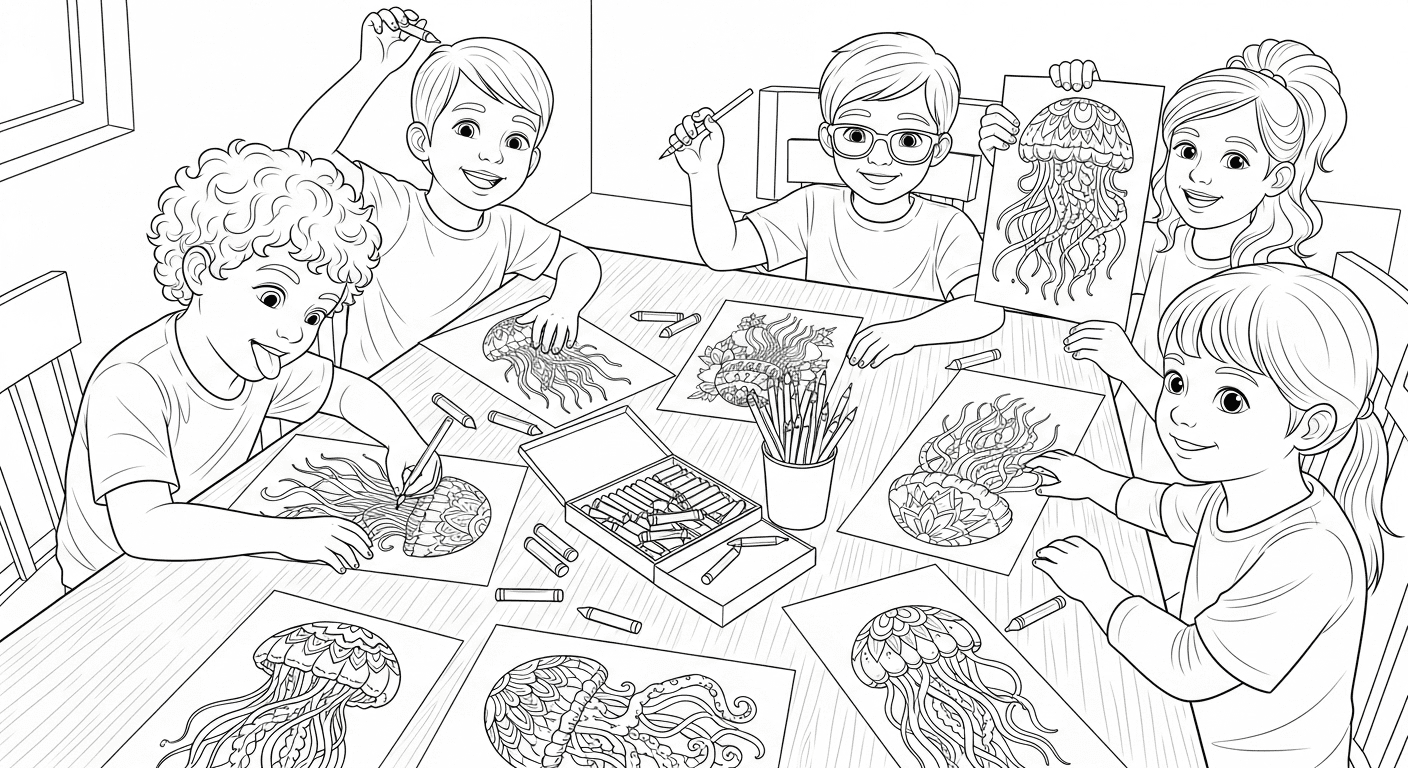 Black-and-white sketch of children coloring jellyfish pages at a table with crayons and pencils.