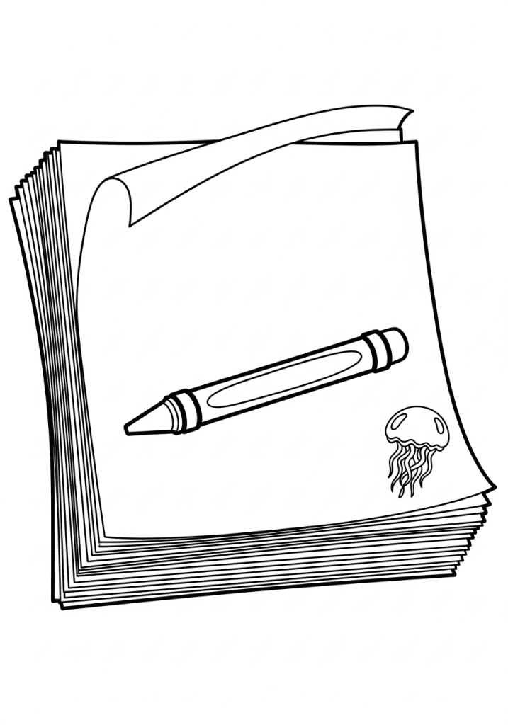 Simple bold line-art of a stacked printable coloring pack with a crayon.