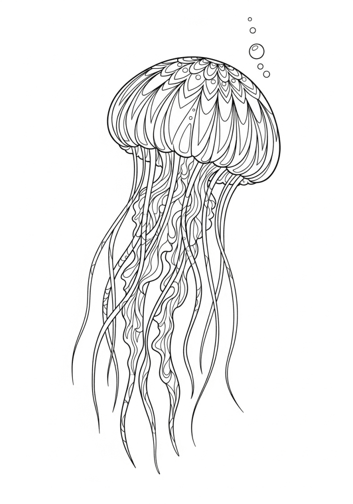 Black and white line art of a detailed jellyfish with mandala patterns and flowing tentacles.