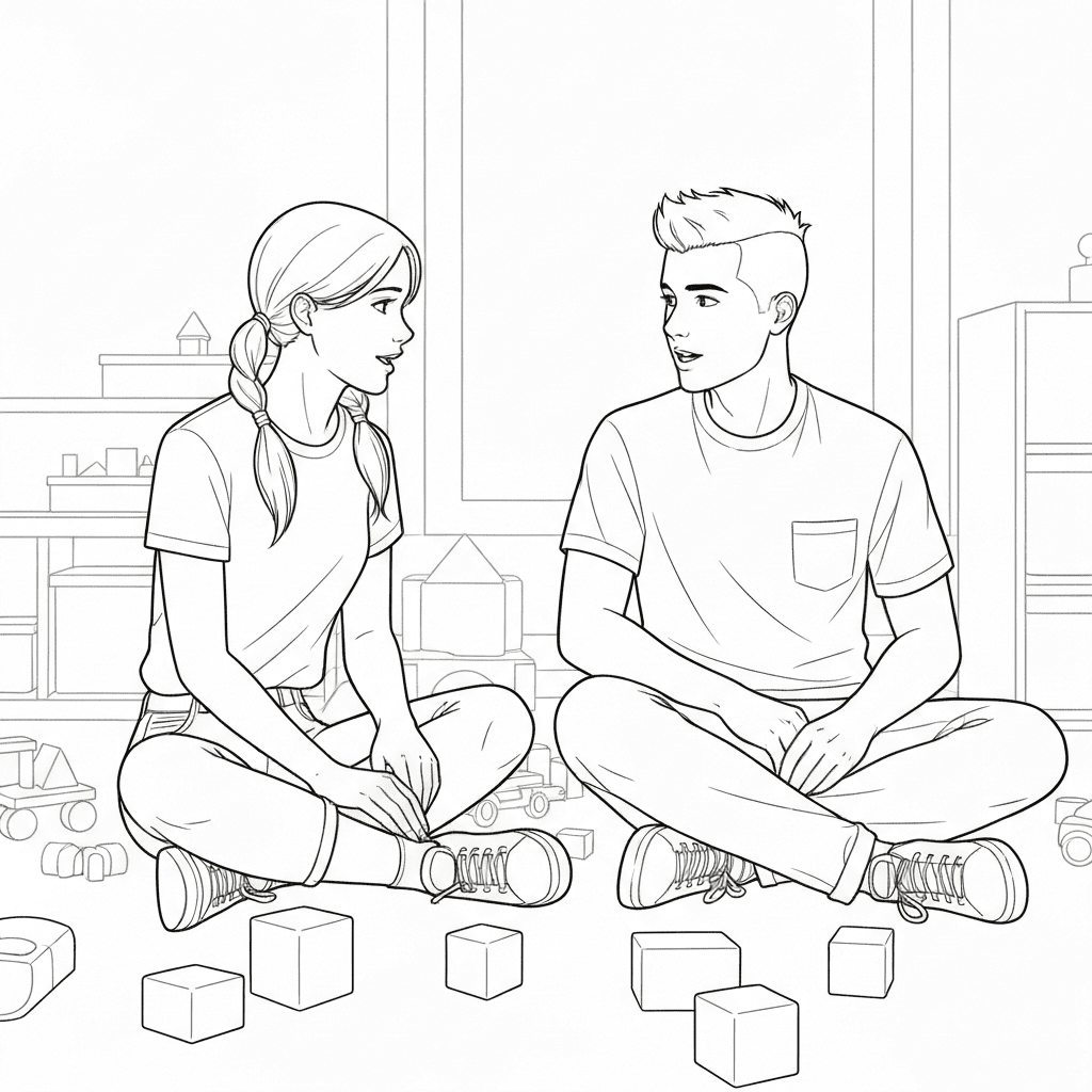 Two children sitting on a rug coloring printable pages together.