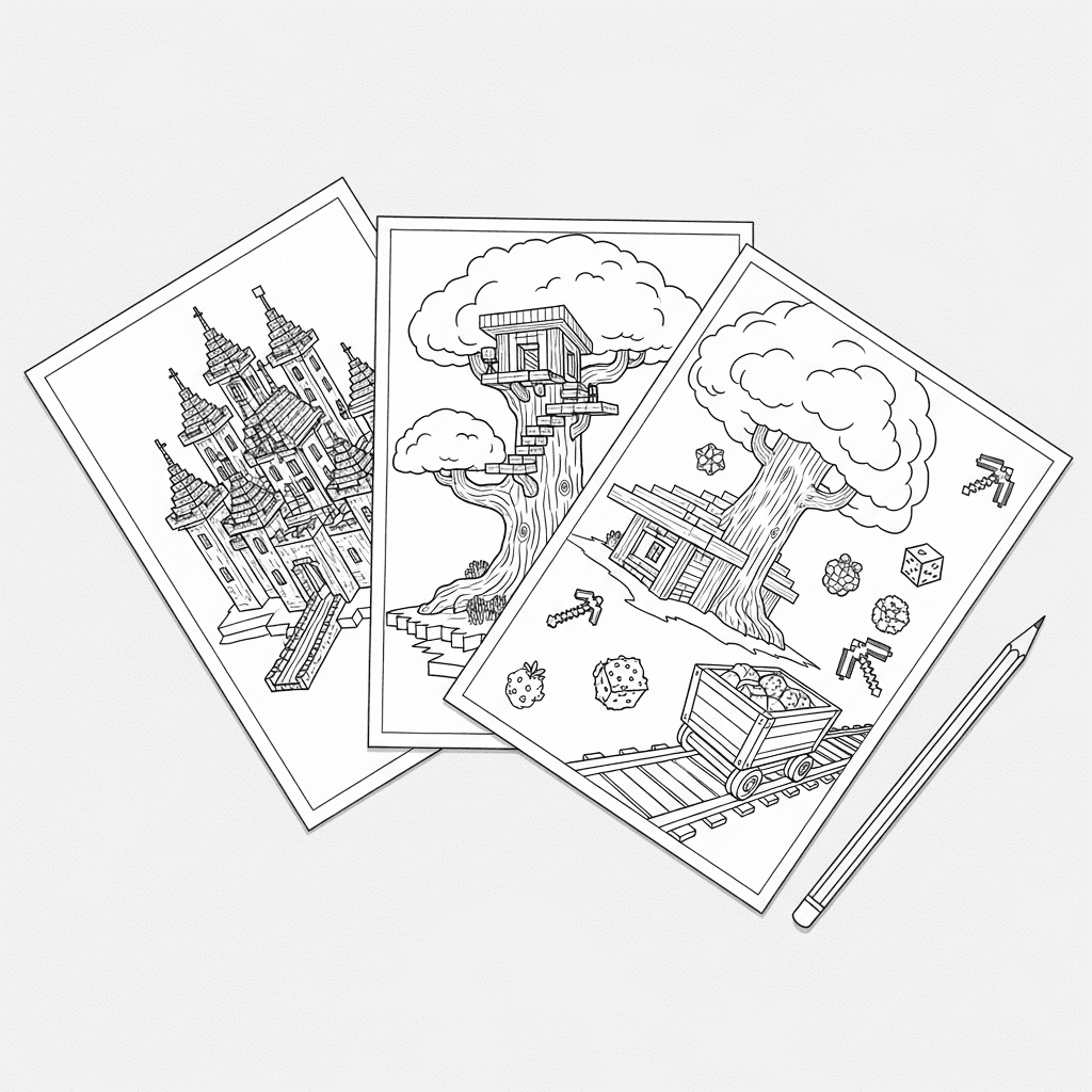 A flat-lay of printable Minecraft building guides for a castle, treehouse, and minecart.