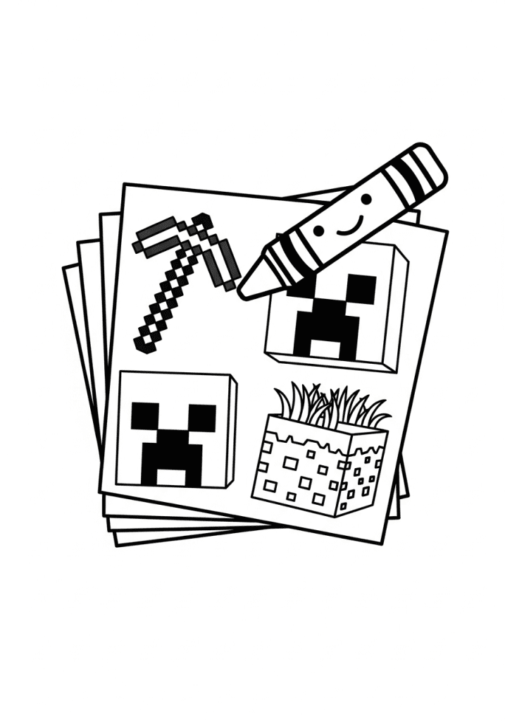 A stack of Minecraft coloring pages with a crayon on top.