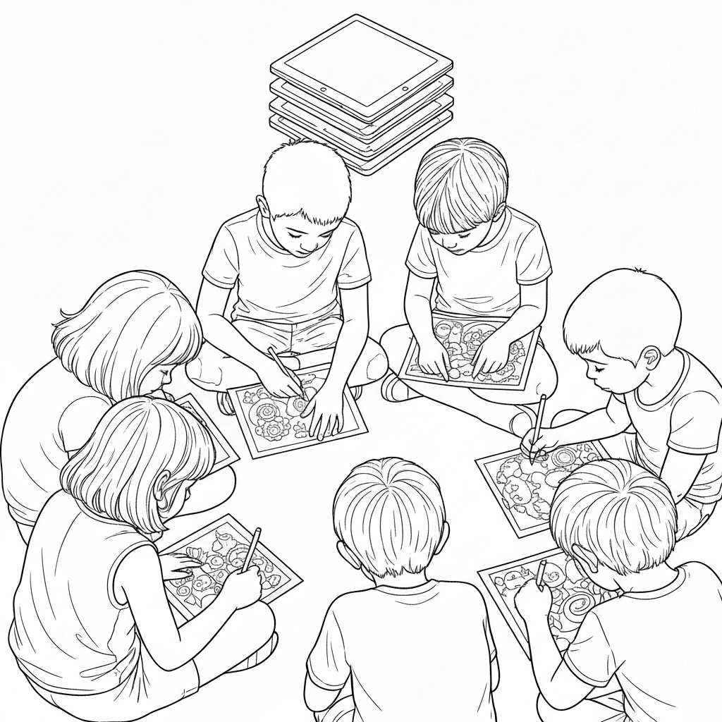 Diverse group of children sitting in circle coloring nature pages together.