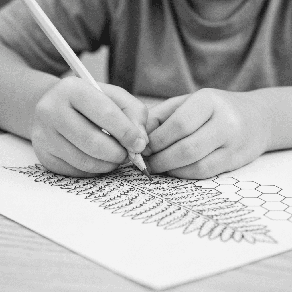 Close-up of a child's hands coloring a detailed nature-themed design.