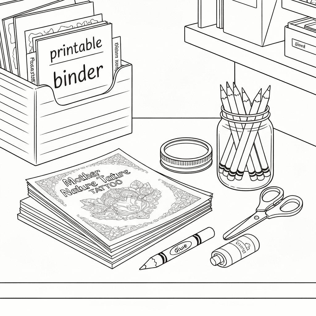 An organized art space with coloring pages, crayons, and a printable binder.