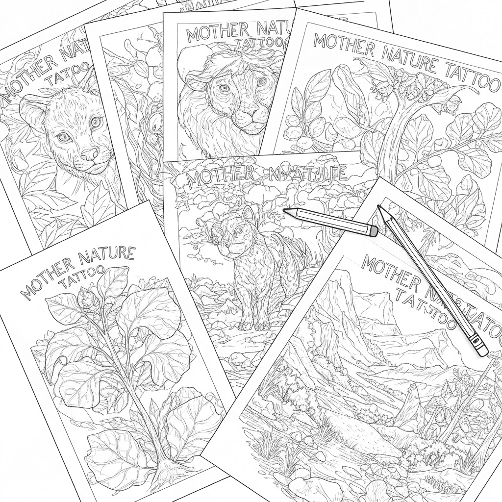 Assortment of nature-themed coloring pages fanned out with art supplies.