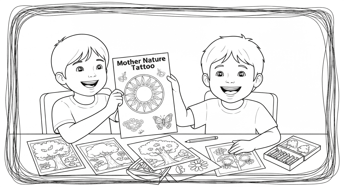 Two children coloring nature-themed tattoo pages at a table with crayons and pencils.