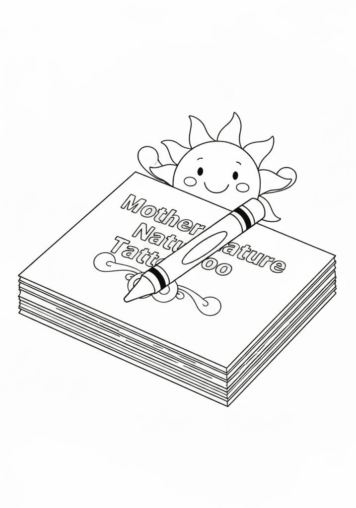 A stack of printable coloring pages with a crayon and smiling sun.