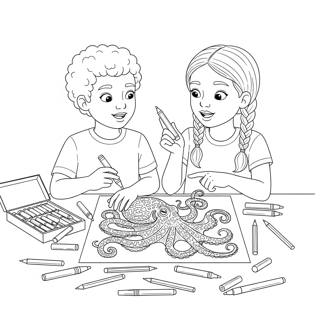 Simple line art of two children coloring an octopus drawing together.