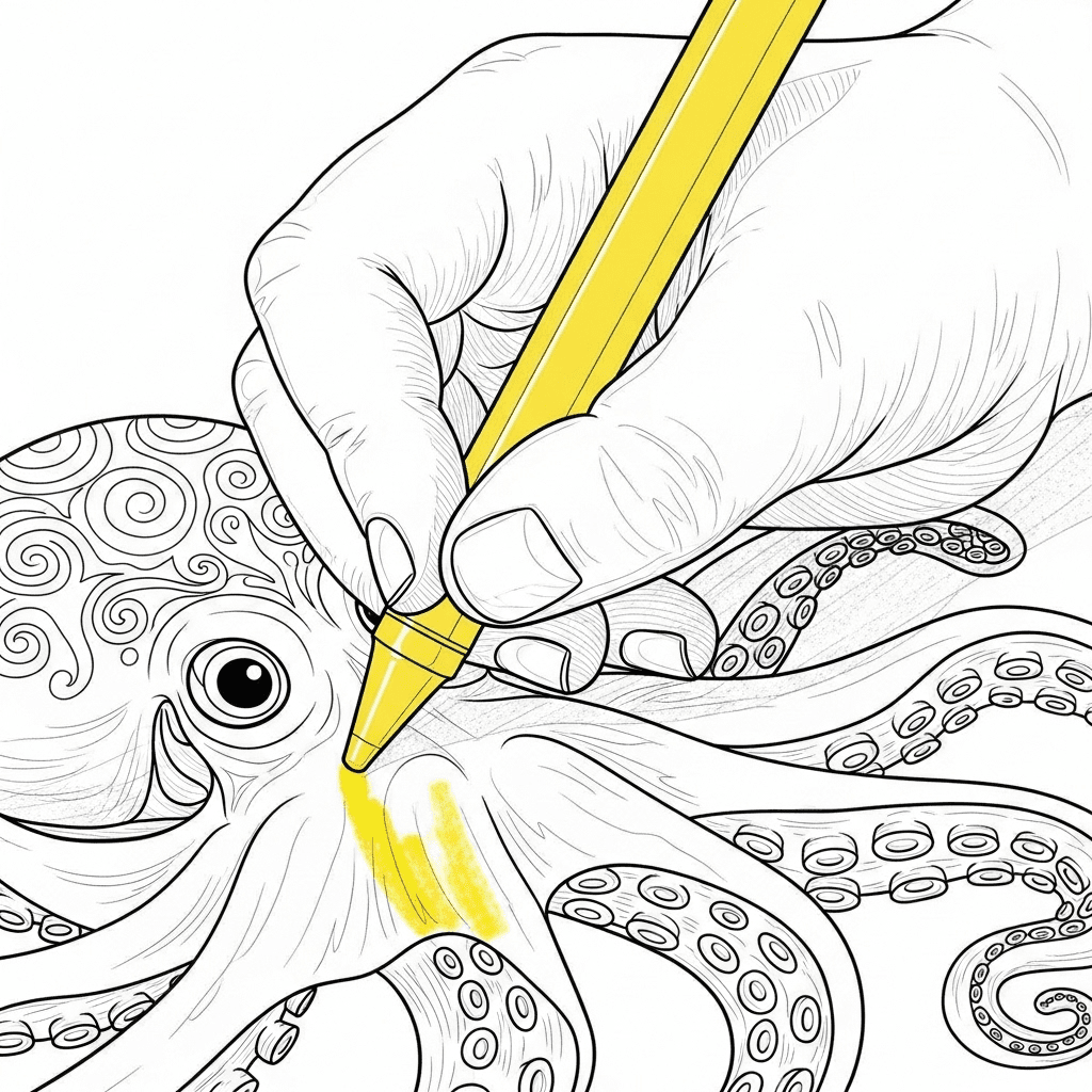 Close-up drawing of a child’s hand carefully coloring an octopus.