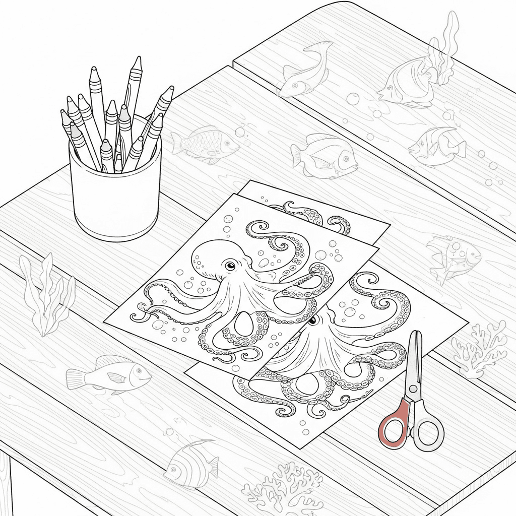 A top-view sketch of a table with octopus coloring pages, crayons, and scissors.