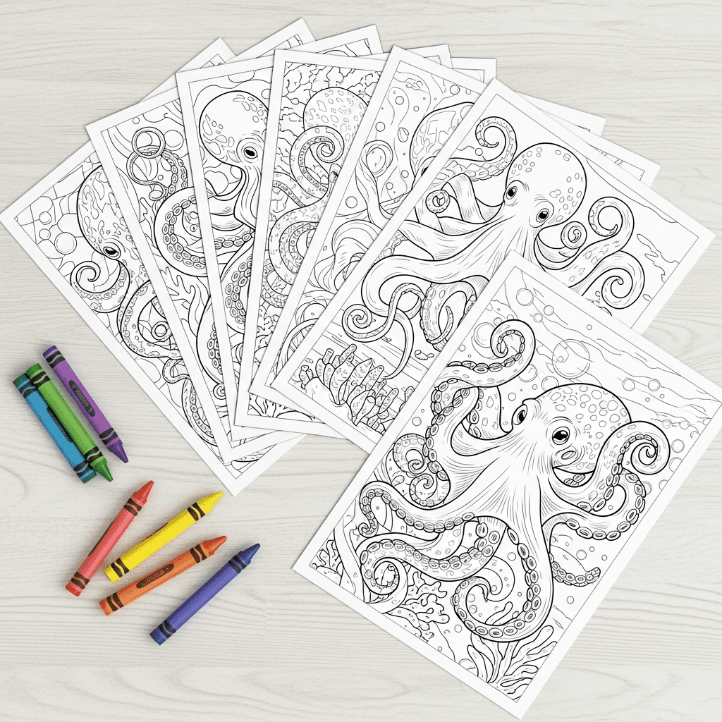 Black and white preview of multiple octopus coloring pages from the printable pack.