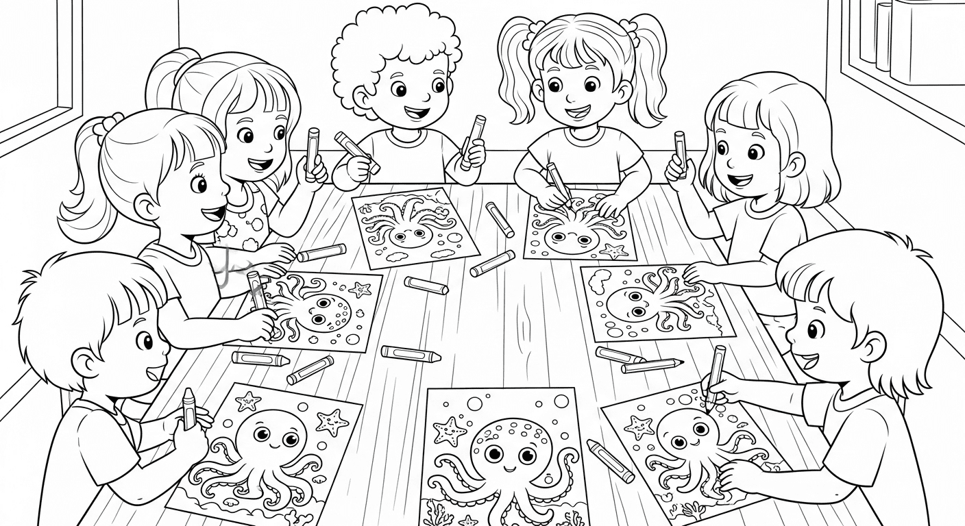 Black and white sketch of kids coloring octopus pages with crayons.