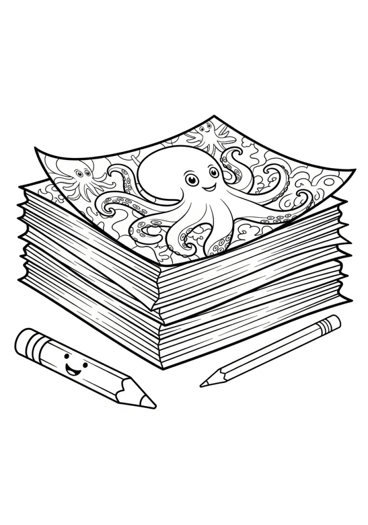 Sketch of a stack of octopus coloring pages ready to download.