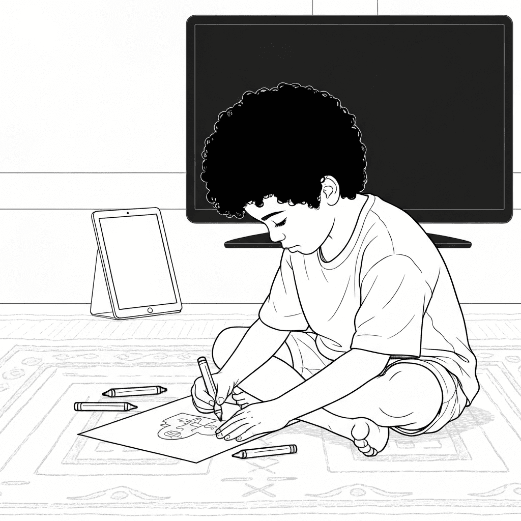 A child coloring on a rug while a tablet and TV remain unused in the background.