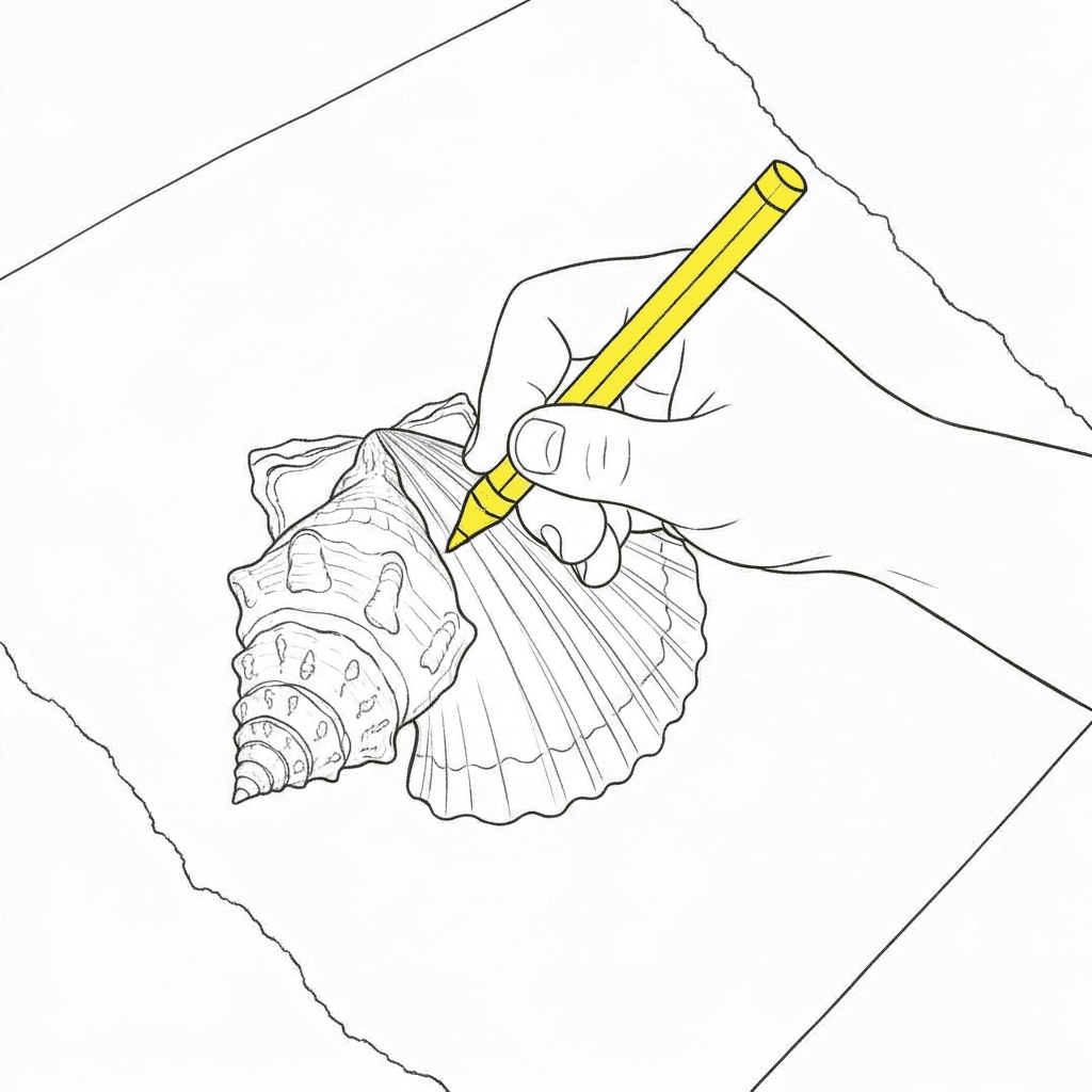 Child's hand carefully coloring a detailed forest scene with a crayon.