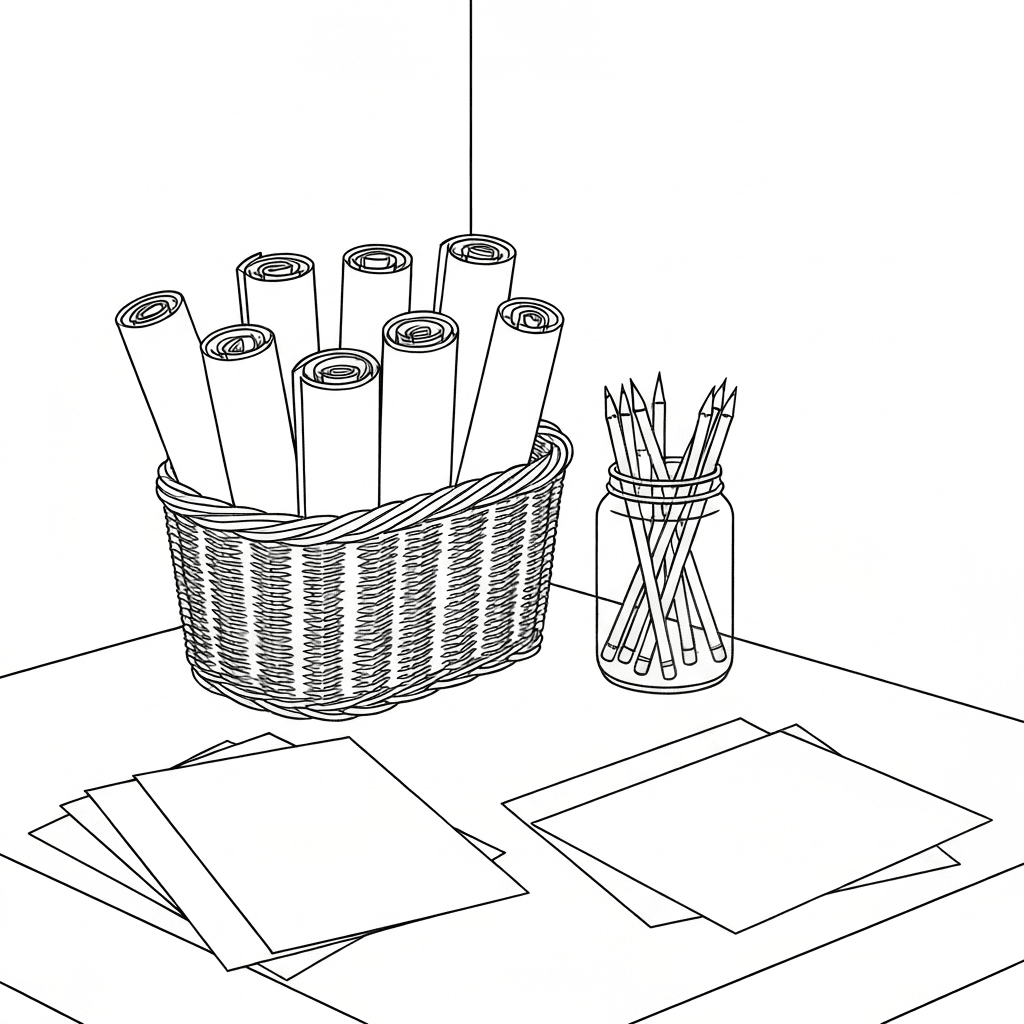 An organized coloring station with a basket of rolled pages and pencil jar.