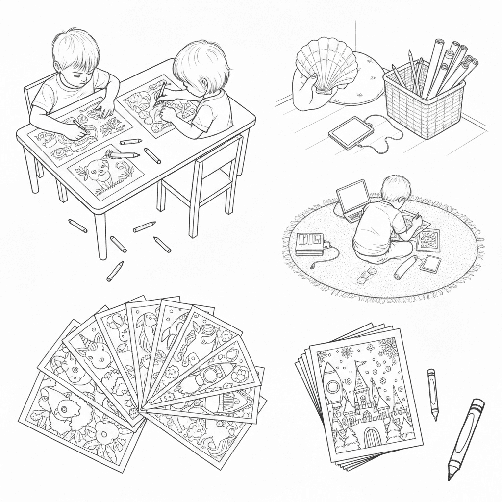 A flat lay of various printable coloring pages featuring animals, castle, and seasonal designs.