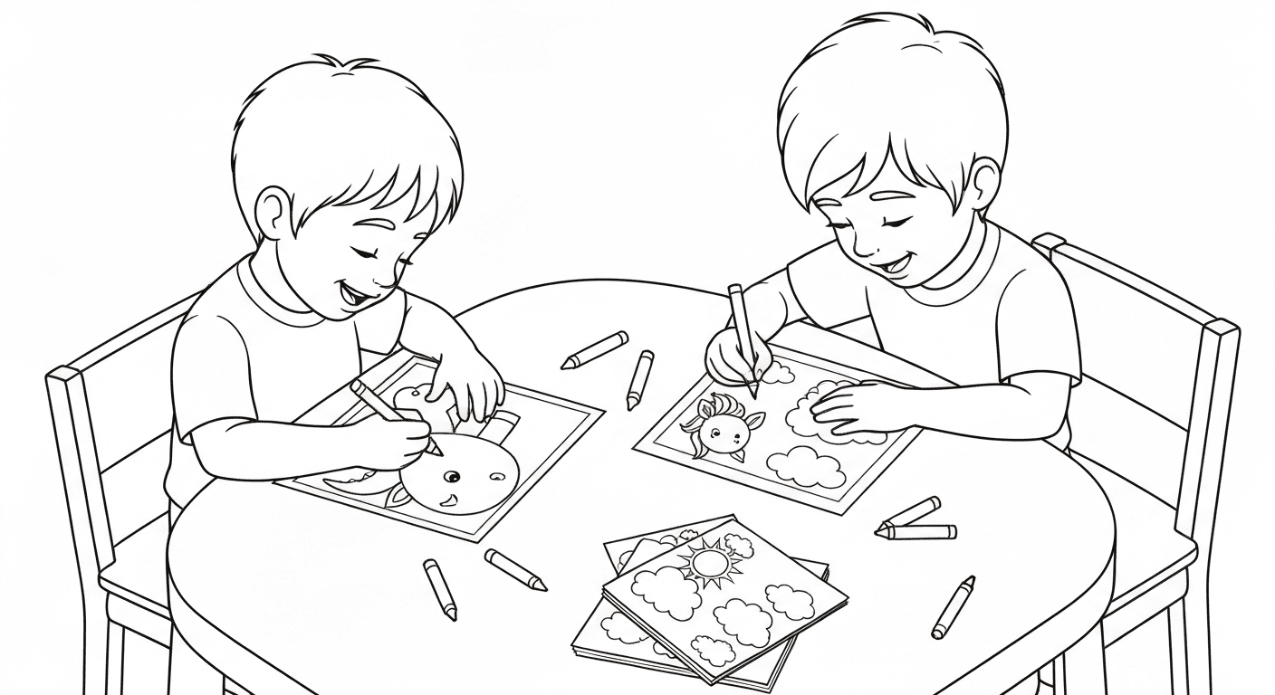 A black-and-white line drawing of two children happily coloring at a table with crayons and scattered pages.