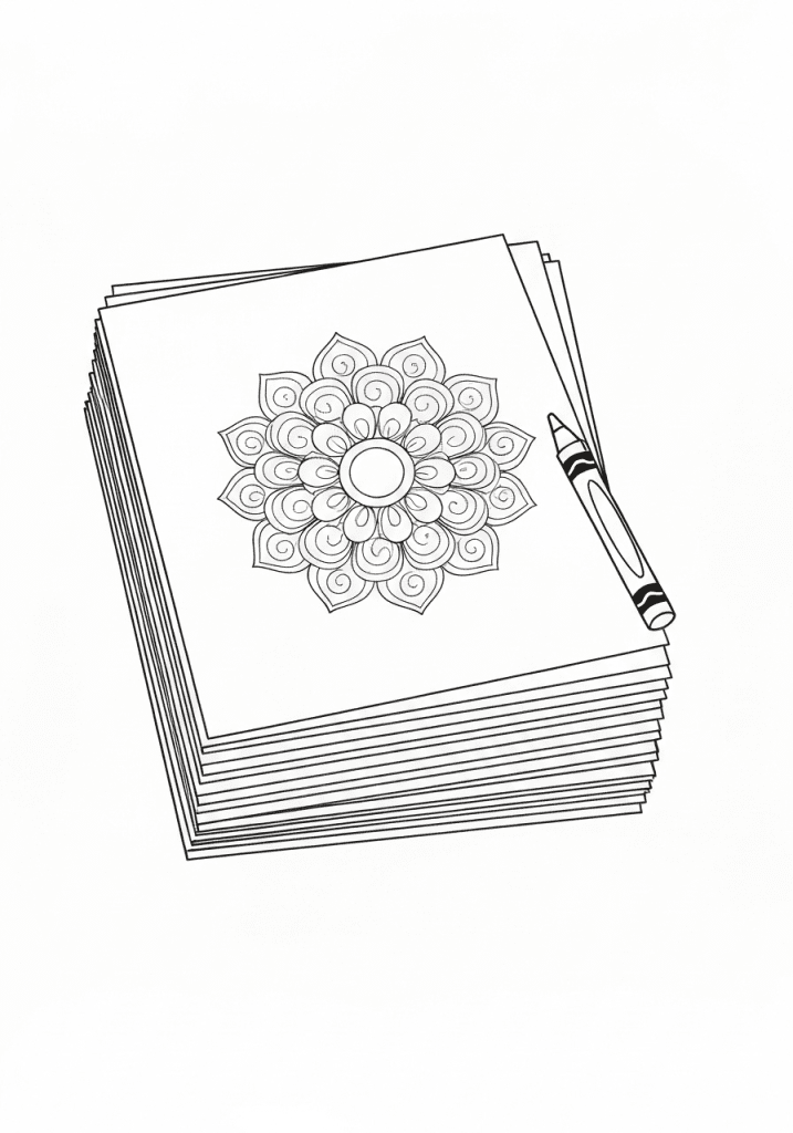Minimalist sketch of stacked coloring pages with mandala design and crayon.
