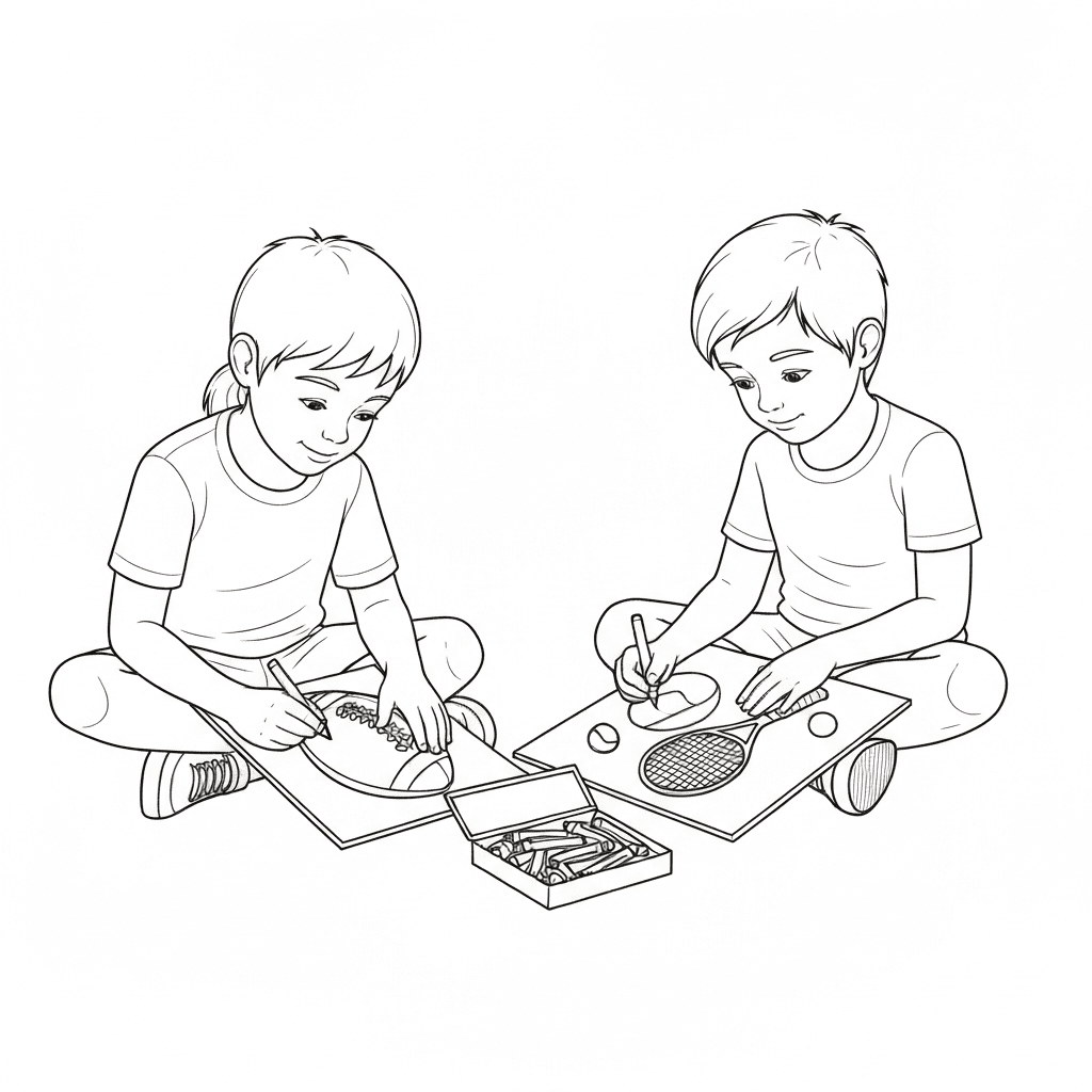 Two children sitting on the floor coloring football and tennis pages together.
