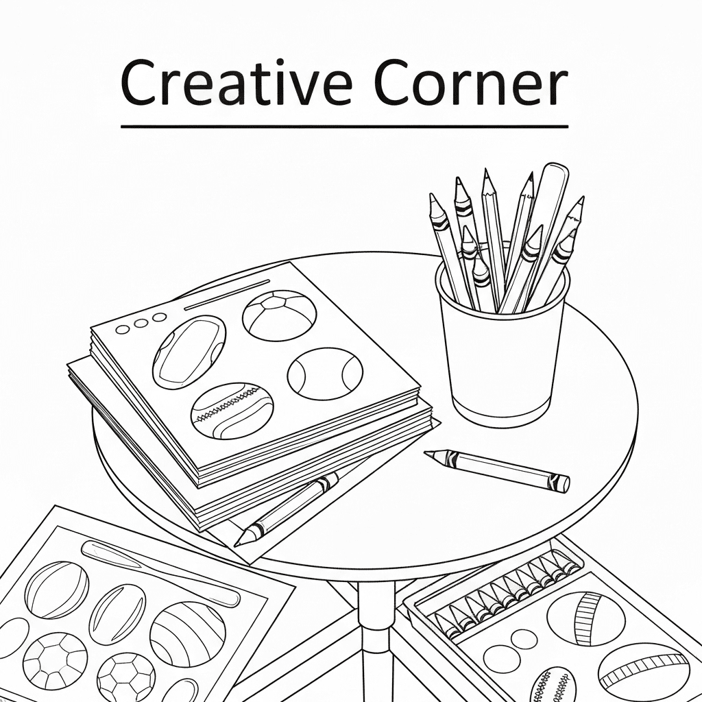 A simple line art sketch of an organized creative corner with sports coloring pages and crayons.