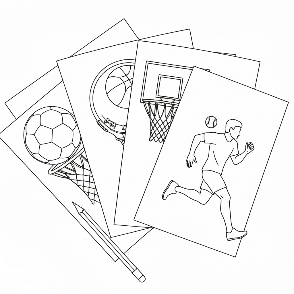 A flat-lay of fanned sport coloring pages featuring a soccer ball, basketball hoop, baseball glove, and runner.