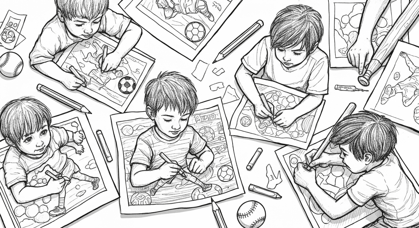 A black-and-white sketch of diverse children coloring sports pages with crayons scattered around.