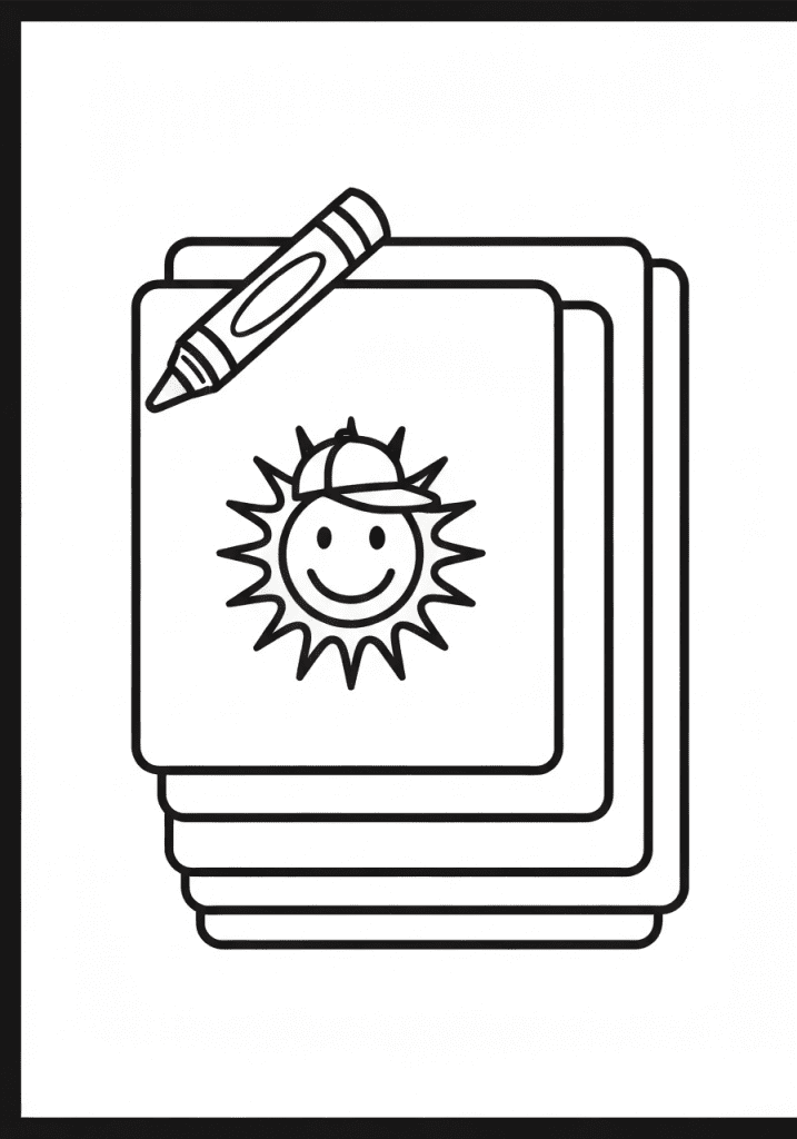 A stack of coloring pages with a smiling sun in a baseball cap and a crayon on top.