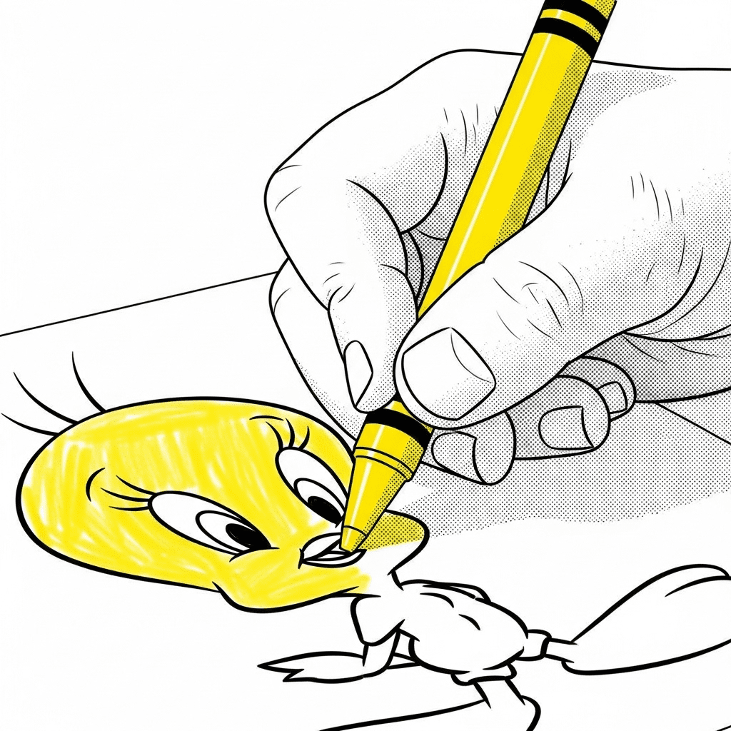 Close-up of a child's hand coloring Tweety Bird with a crayon