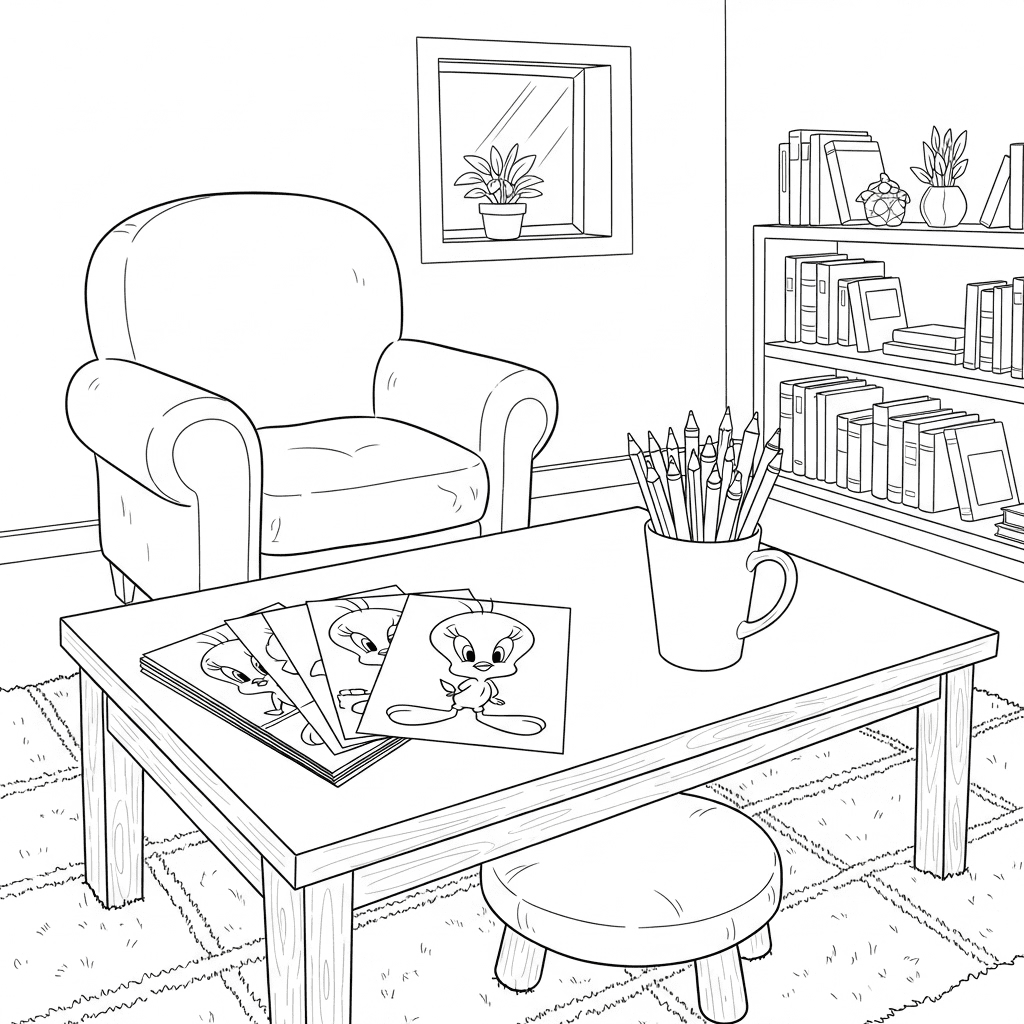A cozy learning corner with Tweety Bird coloring pages and crayons on a table