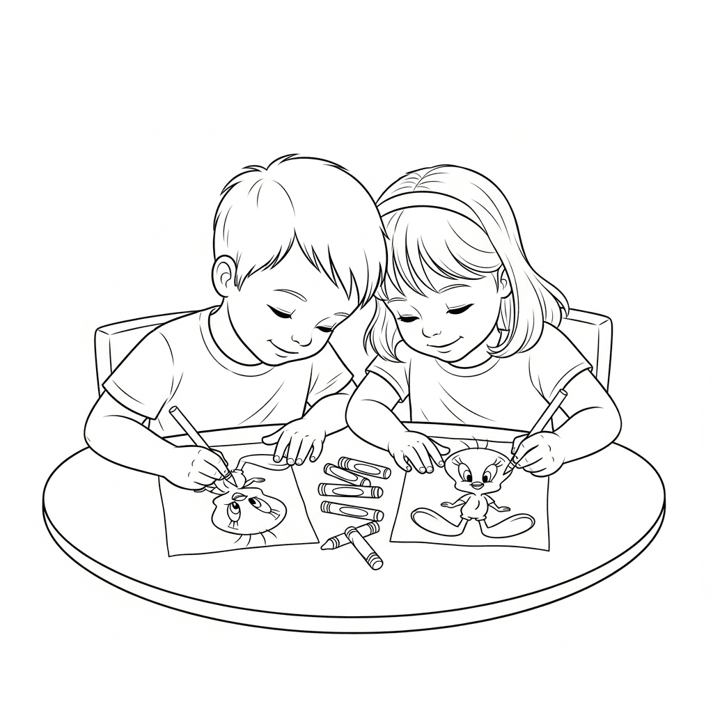 A boy and girl coloring Tweety Bird pages together at a table.